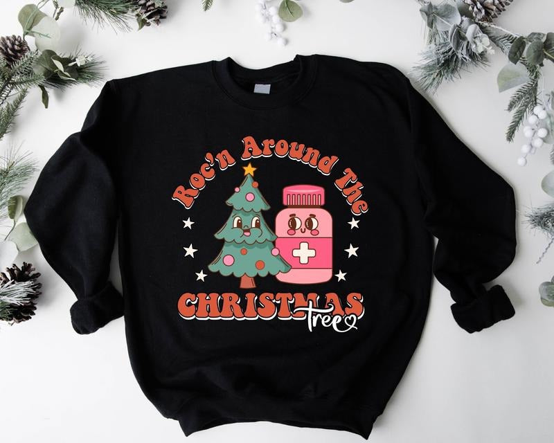 Rocking Around the Christmas Tree Sweatshirt, Retro Pharmacy Holiday Sweater, Medical Christmas Hoodie, Matching Nursing...