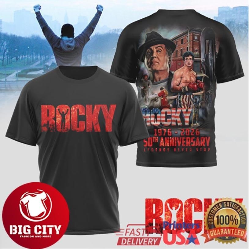Rocky Balboa 50th Anniversary 1976 2026 Legends Never Stop Graphic Two Sided Shirt