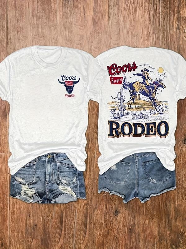 Rodeo Print T-shirt, Casual Crew Neck Short Sleeve Top For Spring & Summer, Women's Clothing Comfort Cotton Hoodie,...