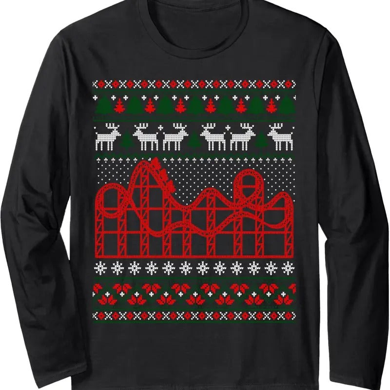 Roller Coaster Scene Ugly Christmas Sweater Long Sleeve T-Shirt Hoodie, Sweatshirt | UrbanDripWear.com