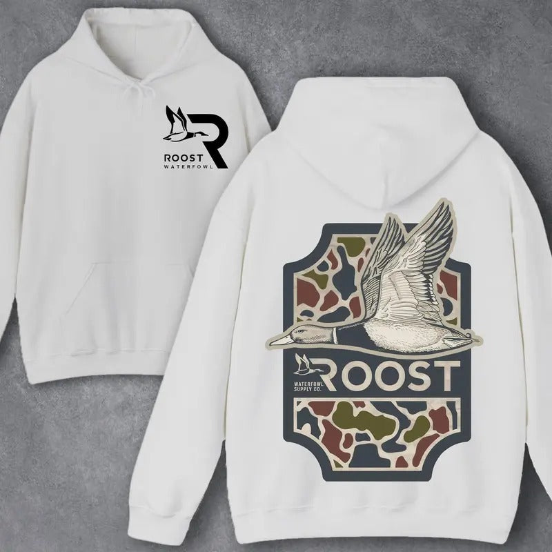 Roost Waterfowl Duck Hunting Camo Bottomland 2 Sided Unisex Hoodie - Sweater - T-shirt Sweatshirt | UrbanDripWear.com