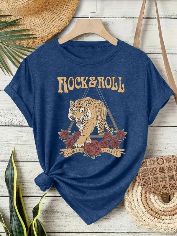 Ropck Roll Tiger Rose Print Round Neck T-Shirt, Casual Vacation Women's Short Sleeve Top, Soft Fabric, Daily Comfort,...