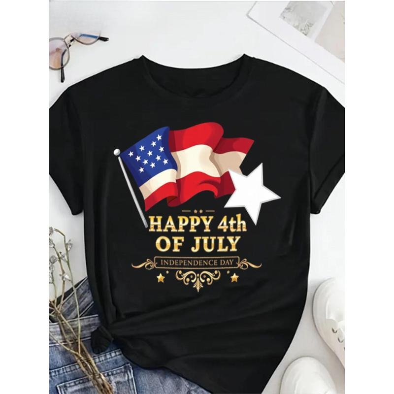 Round Neck Tshirt Patriotic Happy 4th of July Independence Day Flag Print Casual Plus Size Women T Shirt Short Sleeve Tee...