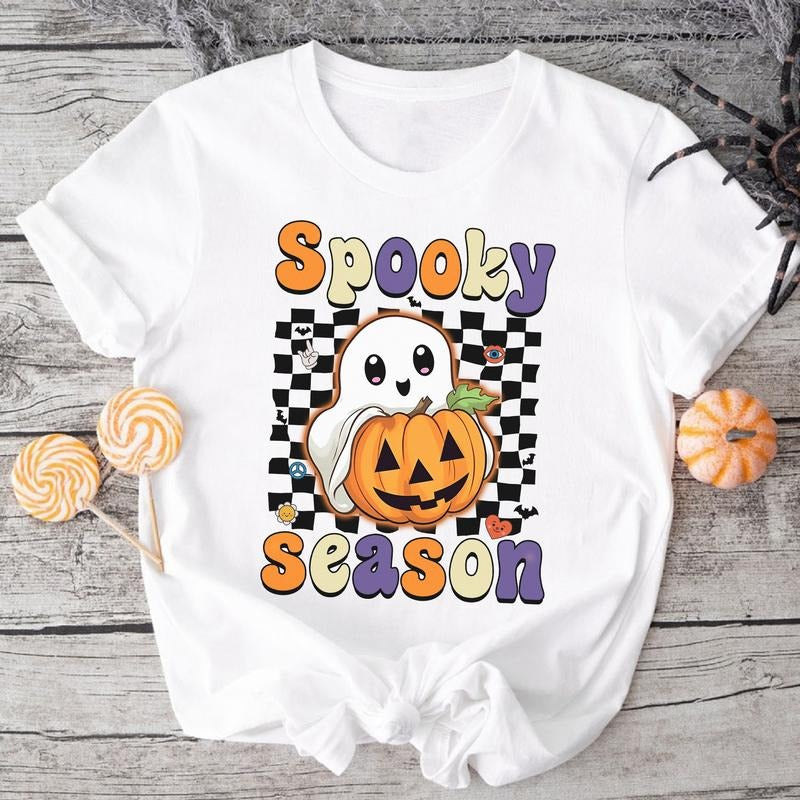 SANDJEST Spooky Season Cute Ghost Halloween Shirt, Retro Halloween Crewneck Shirt, Cute Fall Shirt, Spooky Season Vibes...