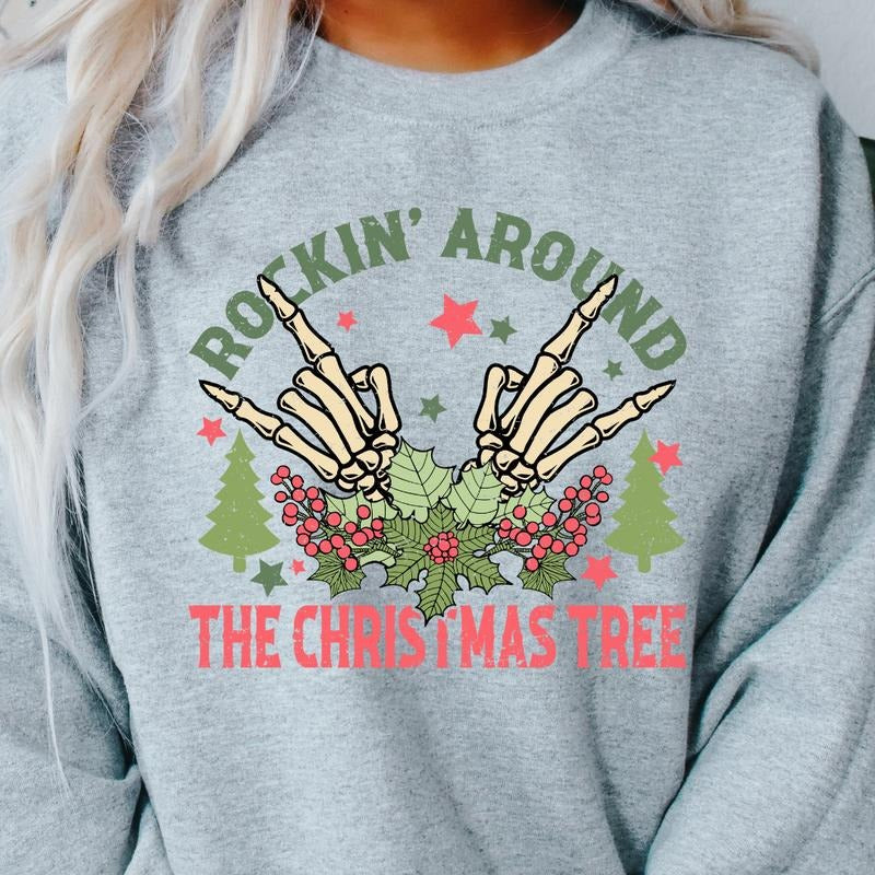 SKELETON HANDS ROCKING AROUND CREWNECK (Crewneck Sweatshirt, Unisex Fit, Causal Sweatshirt for Christmas, Christmas...