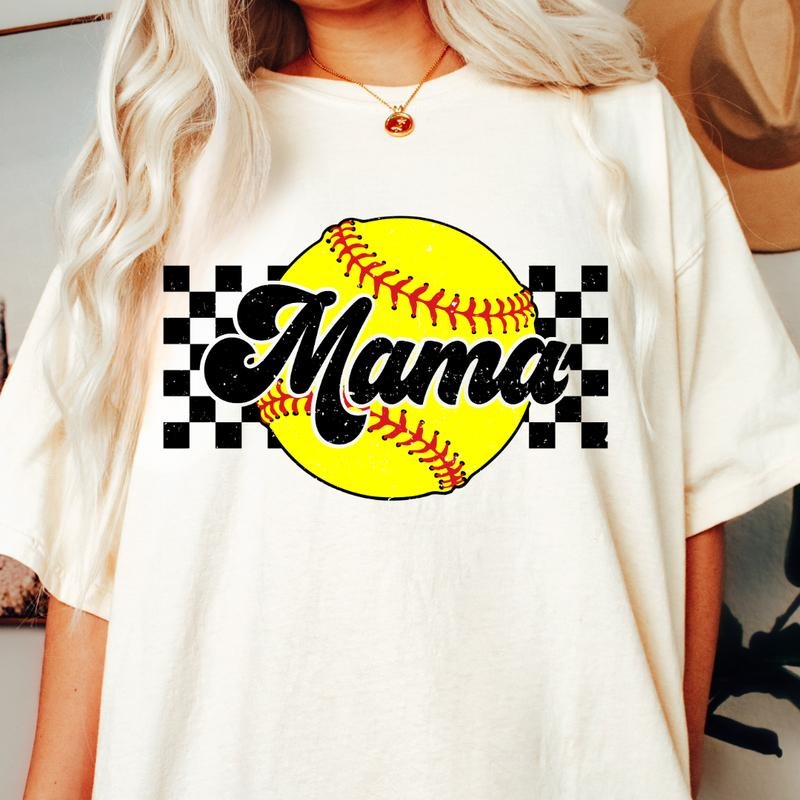 SOFTBALL MAMA CHECKERED SHIRT, BASEBALL SHIRT, COMFORT COLORS CASUAL COTTON T-SHIRT FOR MOMS Fabric Top Womenswear...