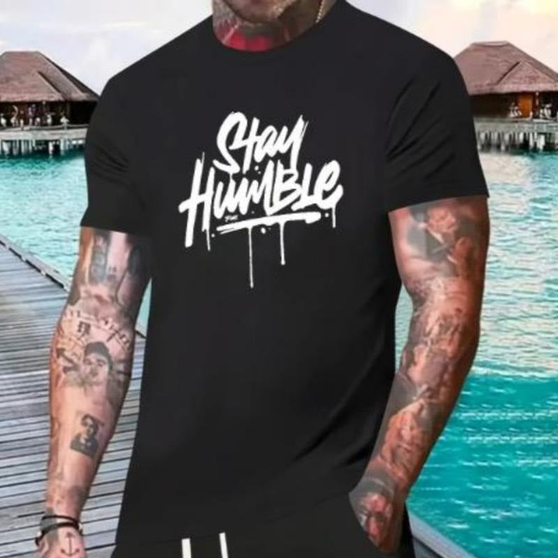 STAY HUMBLE Casual Comfy Outfit Black Melted Letter Print, Short Sleeve T-Shirt, Ultra-Soft, Breathable, Versatile,...