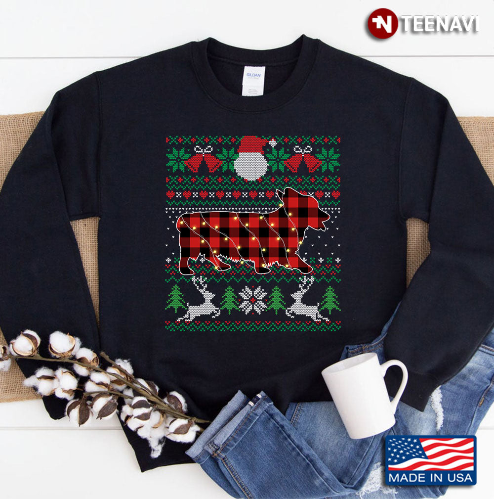 Funny Red Plaid Corgi Ugly Sweater Xmas Lights Gifts Dog Sweatshirt