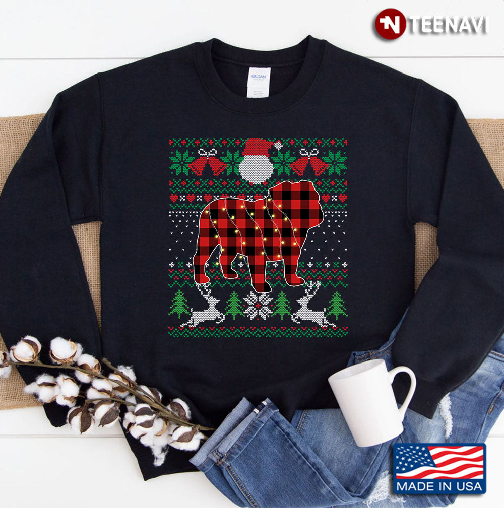 Red Plaid English Bulldog Ugly Sweater Xmas Lights Gifts Dog Sweatshirt