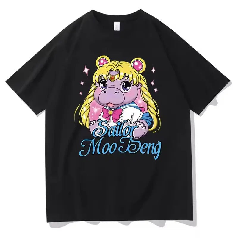 Sailor Moo Deng Funny Meme Vintage Graphic T-shirt Baby Hippo Tshirt Short Sleeve Men Y2k Cartoon Tops T Shirts Men's...