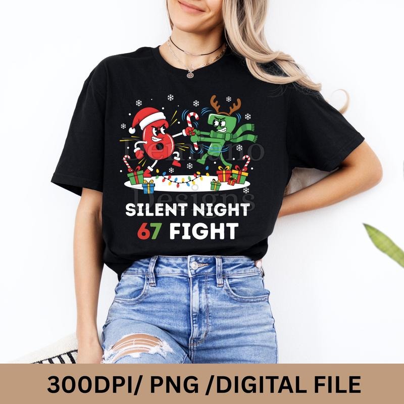 [ Sale Up To 30%] Silent Night 67 Fight T-shirt | Funny Christmas Six Seven Meme Quote | Holiday Viral Trend Humor...