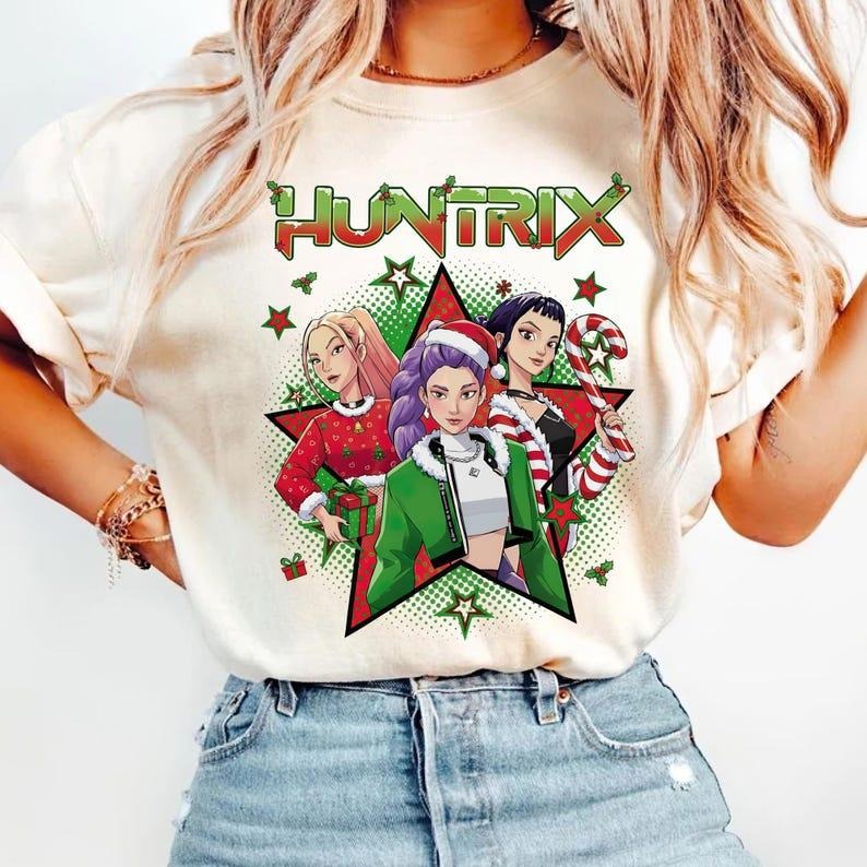 [ Sale Up To 35%] Kpop Huntrix Christmas T-Shirt,Kpop Demon Hunter Clipart, Saja Girls Christmas Anime lover gift, Kpop...