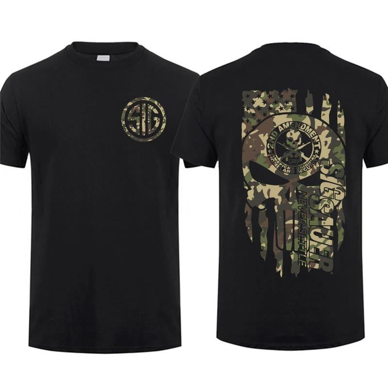 2025 Top Sig Sauer American Skull Flag With Camo T-shirt Unisex Short Sleeve Casual 100% Cotton Top Menswear Tactical...