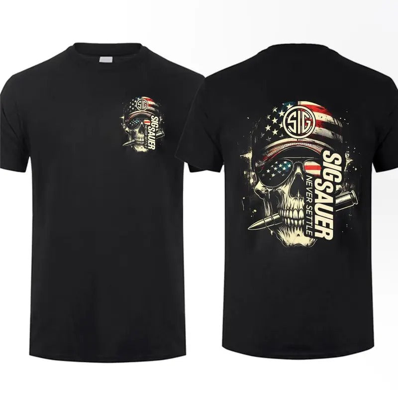 Sig Sauer American Skull Flag 2 Sided T-shirt Unisex Short Sleeve Casual 100% Cotton Top Menswear Tactical Gear Gun Lover...