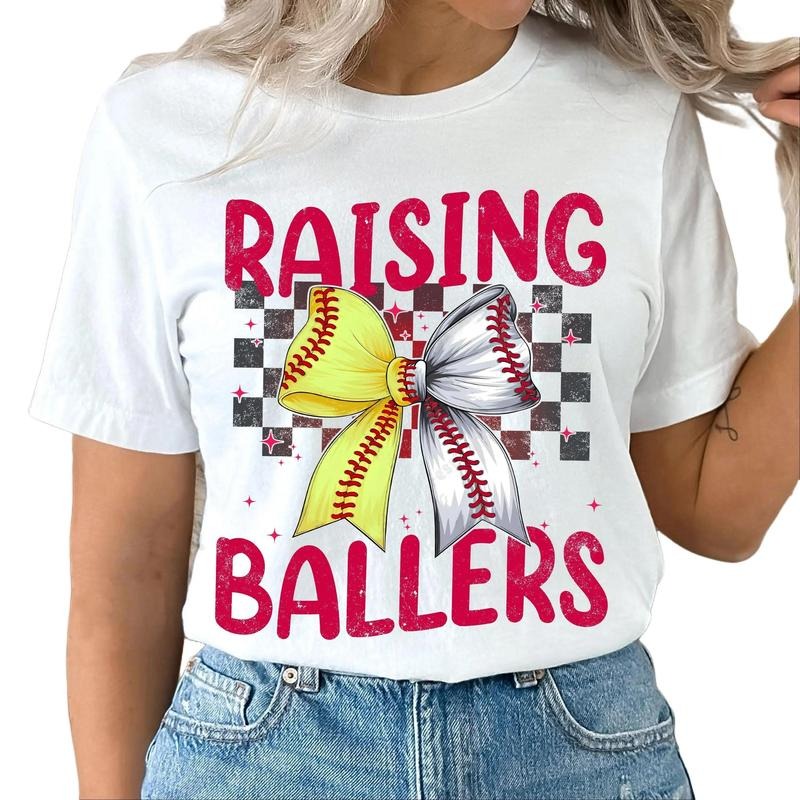 Sale Up To 70% - Baseball Softball Mama Checkered T-Shirt, Baseball Coquette Bow Tee, Raising Ballers Shirt, Baseball...