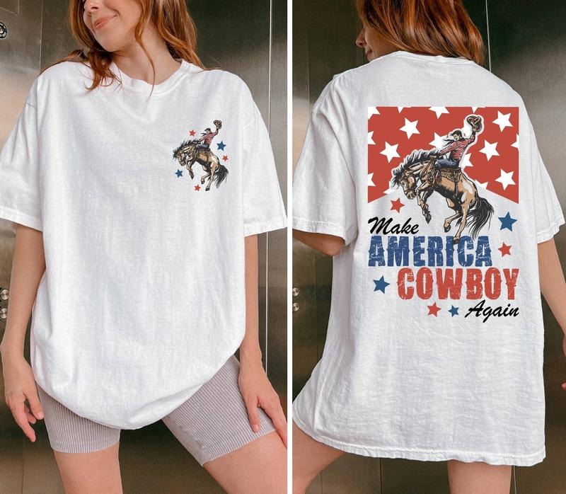 Sale Up To 70% - Make America Cowboy Again 2 Sided Tee, Western Shirt, Cowgirl Shirt, Country Shirts, Bucking Bronco,...