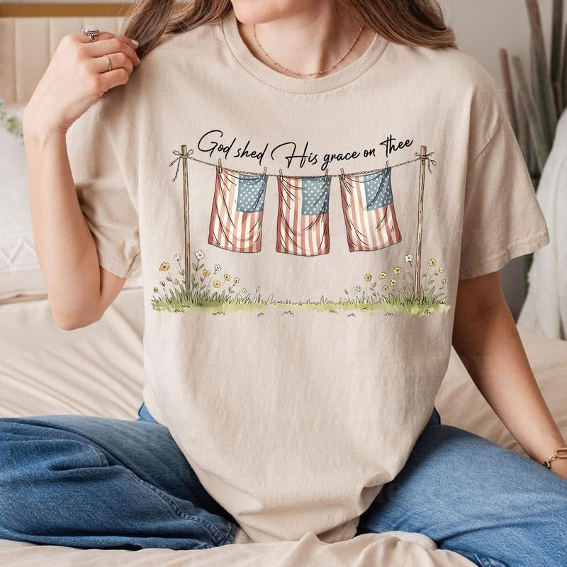 [Made In USA][Tax-Free ] America God Shed His Grace on Thee Tee 4th of July Men Women T-Shirt, 4th of July Christian...
