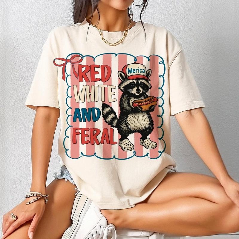 Funny Raccon With Bow Shirt, 4th of July Shirt, Red White and Feral Shirt, Independence Day, America Shirt, Funny USA...
