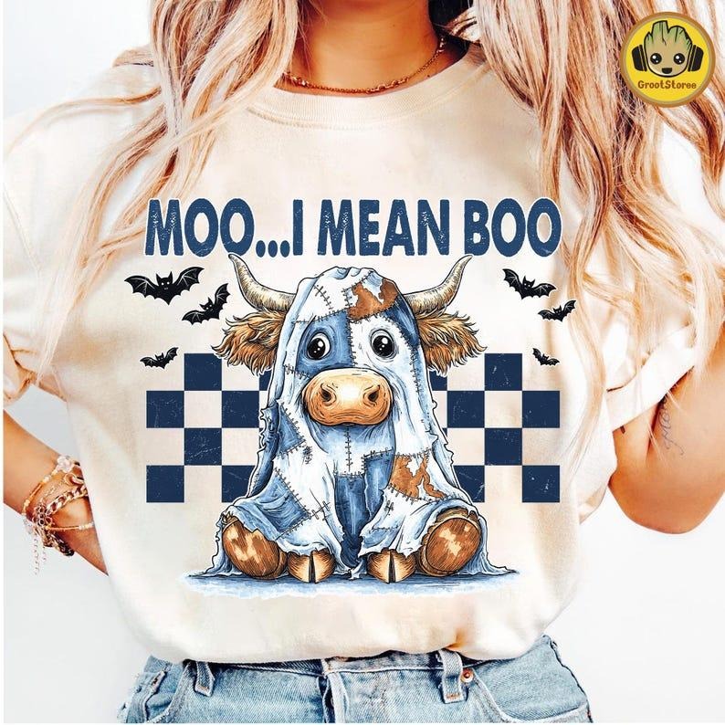 Comfort Colors Retro Moo I Mean Boo T-Shirt,Blue Denim Boo Cow Halloween,Patchwork Halloween Cow T-Shirt Hoodie, Sweatshirt