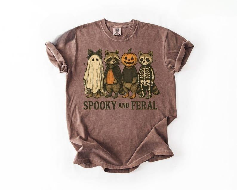 Comfort Colors Spooky and Feral Raccoon Shirt, Funny Halloween Raccoon Shirt, Cute Trendy Womens Halloween,Vintage Fall...