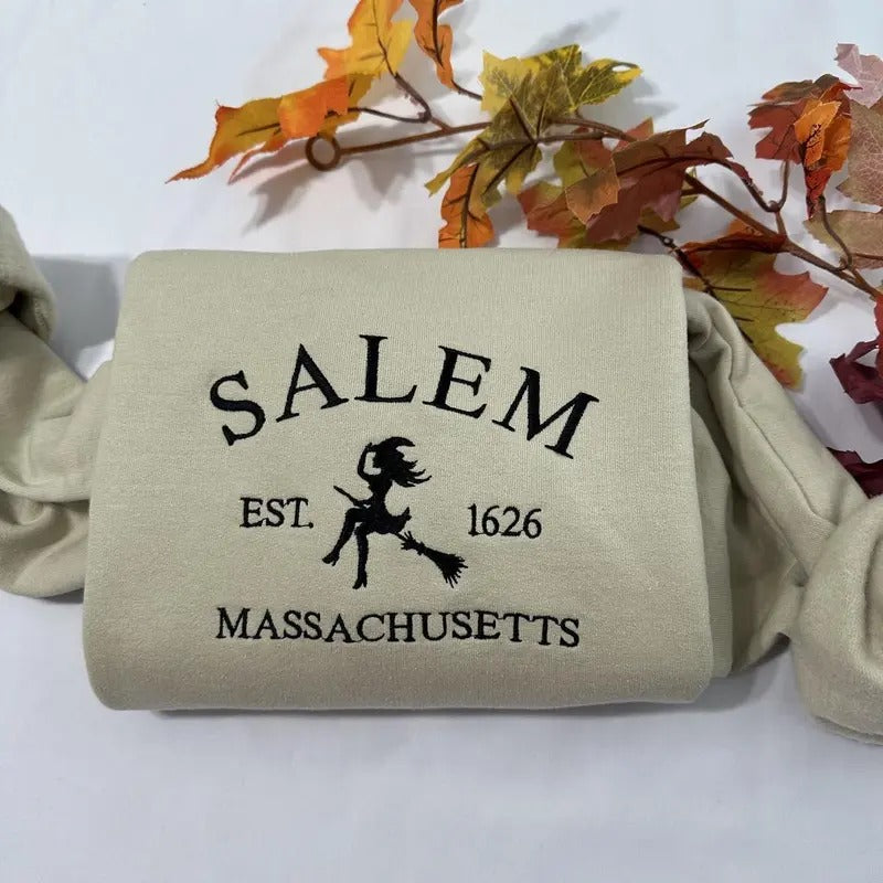 Salem Massachusetts Halloween embroidered sweatshirt; Spooky season embroidered crewneck ; Casual Halloween Salem...