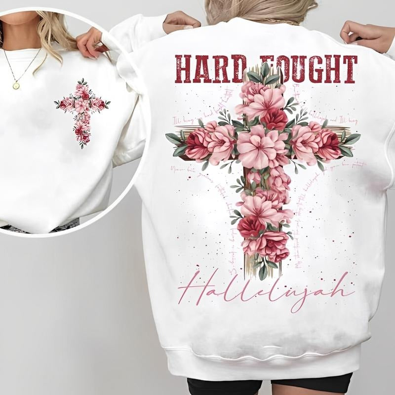 [Saleup to 70%]2-sides Hard Fought Hallelujah Hooded Sweatshirt Layer-Friendly Moves Christian Apparel Floral Christian...