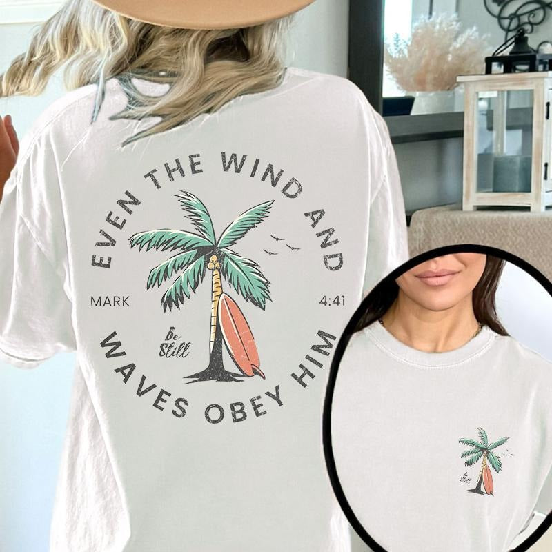 [Saleup to 75%] 2-sides Christian Bible Verse Pattern T Shirt, Beachy Backprint Tops, Trendy Coconut Tree Shirt Unisex...