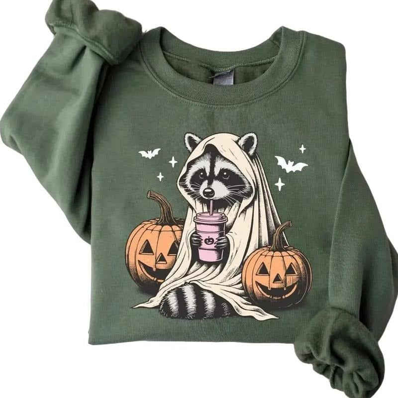 [Saleup to 75%] Halloween Raccoon Ghost Sweatshirt Cute Spooky Season Sweater Retro Pumpkin Fall Sweatshirt, Cozy Autumn...