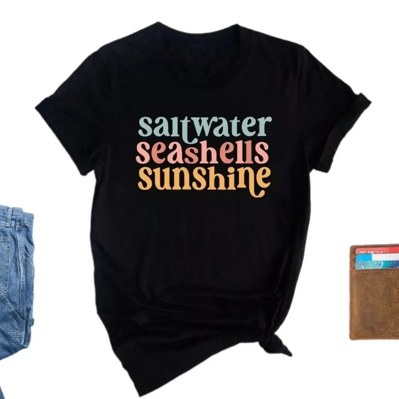 Saltwater Seashells Sunshine T-Shirt, Retro Summer, Casual Graphic, Men's and Women's Clothing Comfortable Cotton Hoodie,...