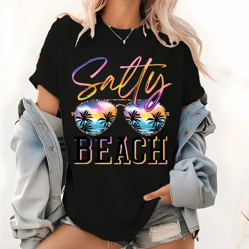 Salty Beach Pattern T Shirt, Summer Shirt, Beach Party T-Shirt, Summer Vibes Shirt For Women, Palm Tee, Beach T Shirt...