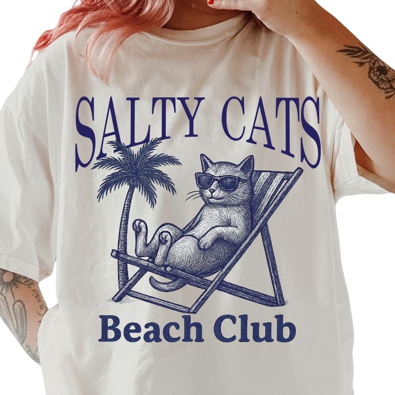 Salty Cats Beach Club Shirt ~ Unisex Apparel Relaxed Fit Printed In The USA Clothing Womenswear Casual Comfort Cotton Top...
