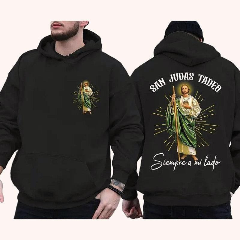 San Judas Tadeo Tee, Retro Catholic Christian 2 Sided Graphic Hoodie Fleece Fabric Casual Hooded Sweatshirt Trendy Tops...