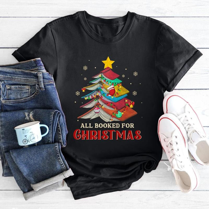 Sandjest Book Lover All Booked for Christmas Tshirt Gift for Book Lovers Bookworm Women Hoodie, Sweatshirt