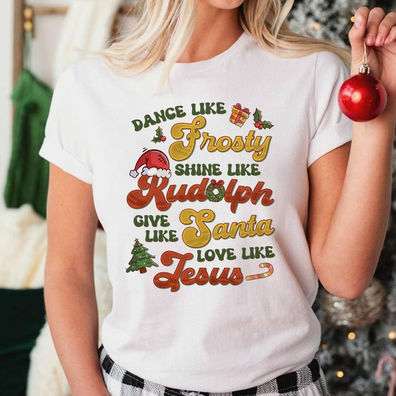 Sandjest Cute Christmas Sweatshirt Dance Like Frosty Love Like Jesus Xmas Graphic Tee Trendy Retro Holiday Apparel...