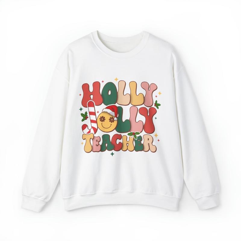 Sandjest Teacher Christmas Sweatshirt, Holly Jolly Teacher, Cute Christmas Holiday Class Party Sweatshirt, Christmas Gift...