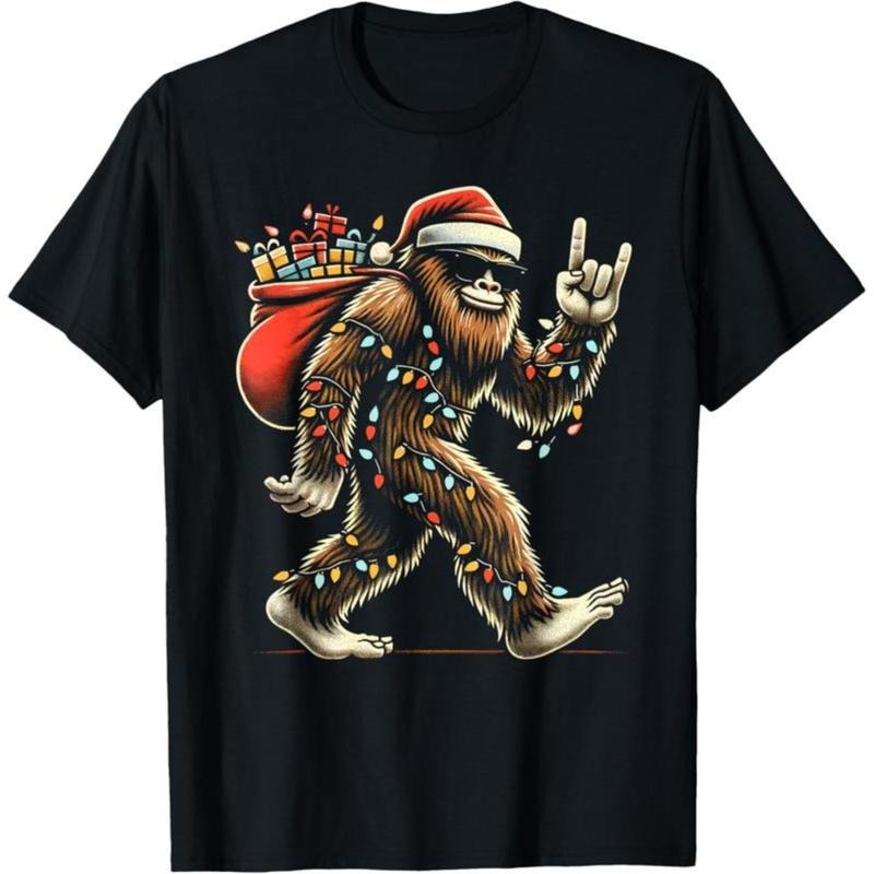 Santa Bigfoot Christmas Lights Funny Sasquatch Believe T-Shirt Casual Shortsleeve Cotton Fashion Hoodie, Sweatshirt