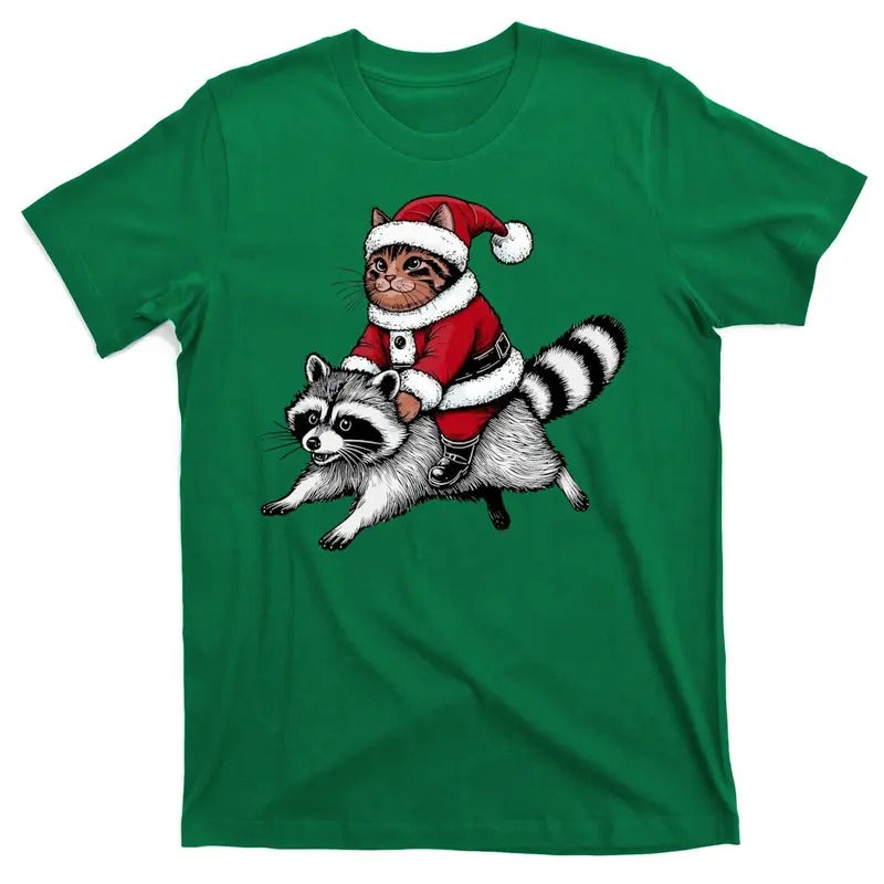 Santa Cat Raccoon Funny Christmas Animal Lover Fun T-Shirt for Men or Women Hoodie, Sweatshirt | UrbanDripWear.com
