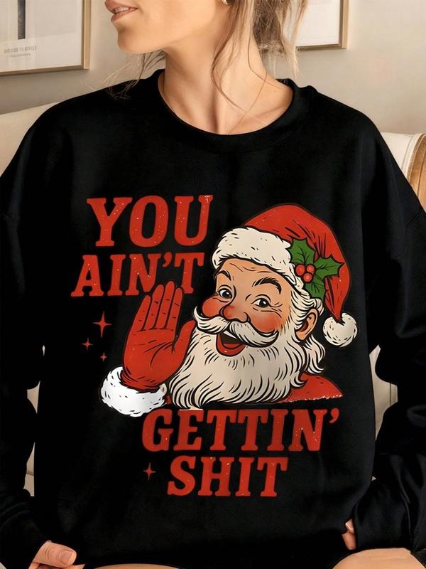 Santa Claus Print Vintage Round Neck Long Sleeve Fleece Women's Sweatshirt, Loose Casual Christmas Family Sportswear,...