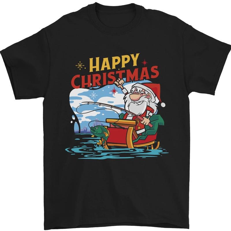 Santa Clause Fishing Funny Christmas Mens T-Shirt Cotton Made in USA Hoodie, Sweatshirt | UrbanDripWear.com