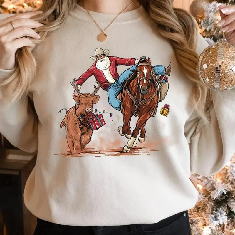 Santa bulldogging T-Shirt - Christmas Sweatshirt Hoodie For Men Forr Women | UrbanDripWear.com