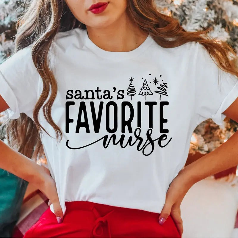 Santa's Favorite Nurse T-Shirt, Christmas Nurse Shirt, Christmas Tree Tee, Christmas Nursing Holiday Tee, Christmas Party...