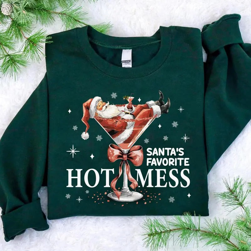Santa's Hot Mess Sweatshirt, Christmas Martini Sweater, Coquette Christmas Drink Shirt, Espresso Martini Hoodie Cotton...