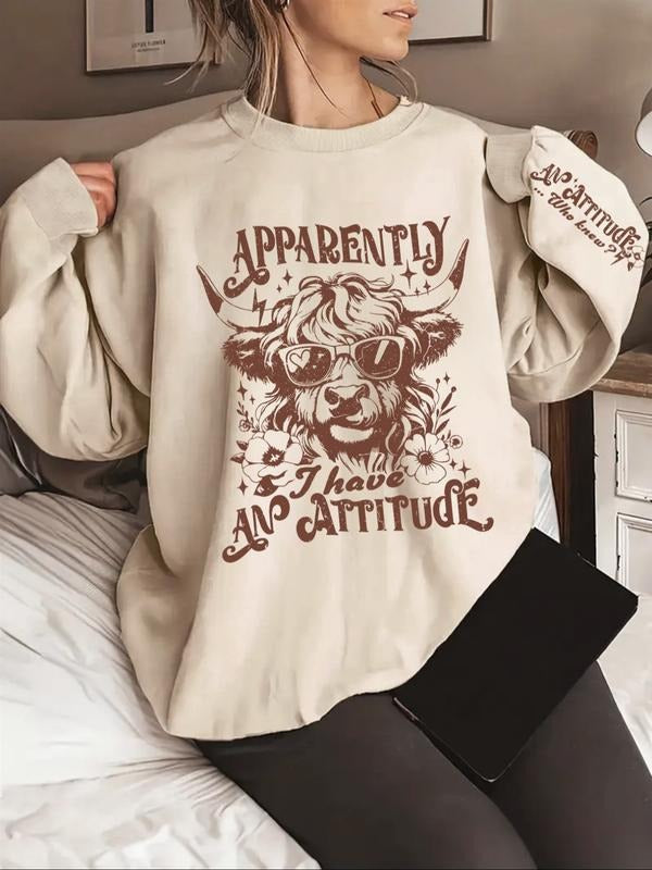 Sassy Casual Oversized Sweatshirt - Funny "Apparently I Have An Attitude" Highland Cow Graphic Top T-Shirts, Hoodie