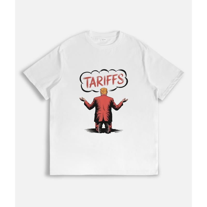 Satirical T - Shirt with Kneeling Figure and "Tariffs" Thought Bubble Hoodie, Sweatshirt | UrbanDripWear.com