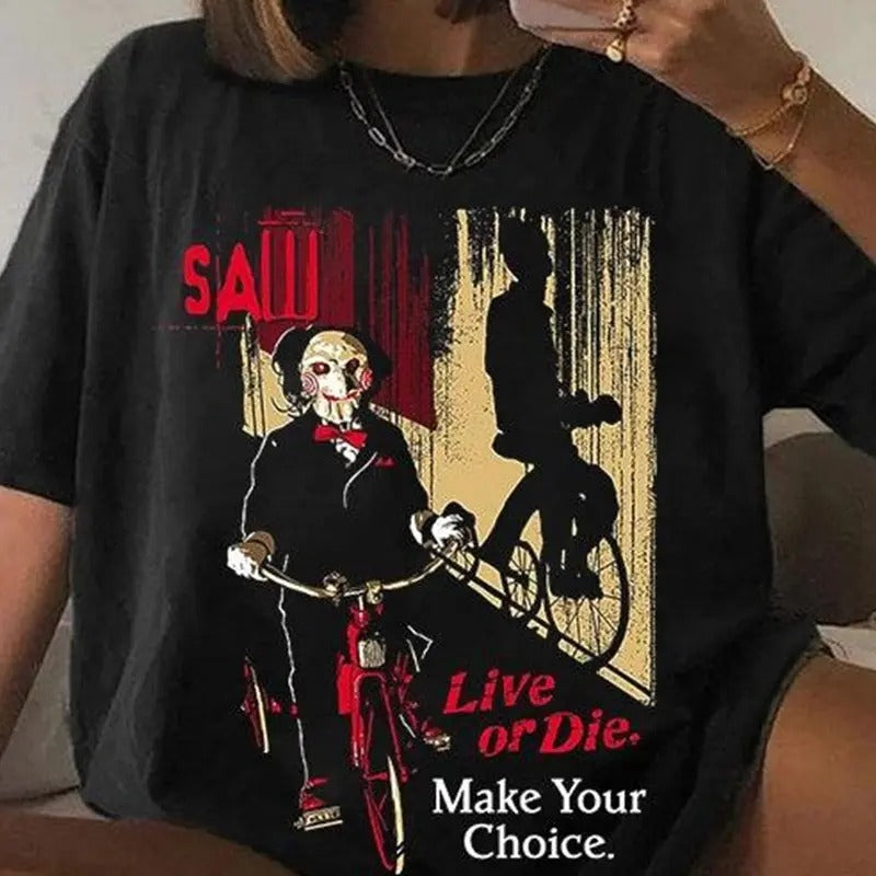 Saw  Movie Retro 90's T-Shirt, Movie Shirt, Saw Reverse Bear Trap Movie Promo Shirt, 90s Saw Movie T-Shirt. Hoodie,...