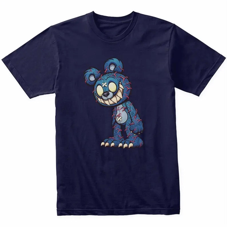 Scary Blue Teddy Bear Veins Popping Out Evil Deranged Bear Halloween T-Shirt
