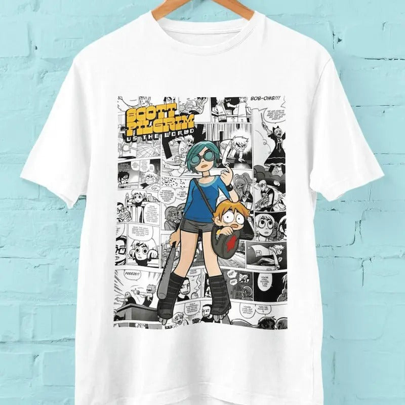 Scott Pilgrim VS The World Comic T-Shirt, Movie Crewneck Tee Shirt, Bryan Lee O'malley, Edgar Wright, Anime Comic Tee...
