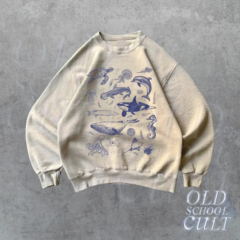 Sea Animals Ocean Vintage Sweatshirt, Retro Ocean Graphic Sweater, Whale, Orca, D.olp.h.in, Beach Hoodie, Ocean Lovers...