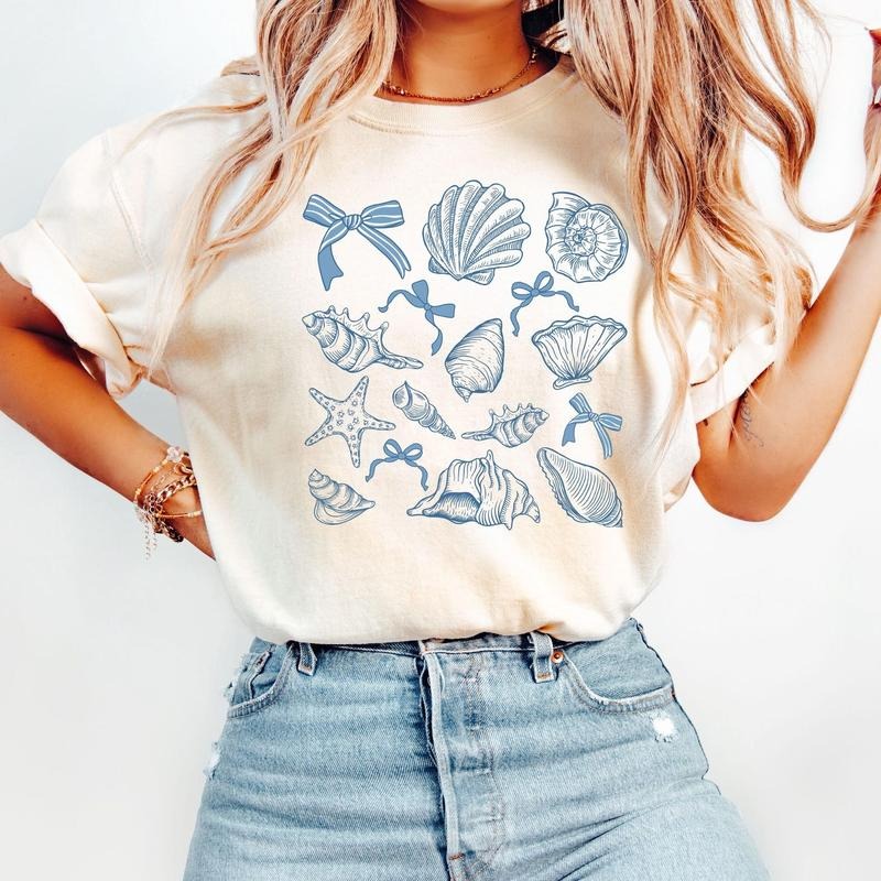 SeaShell Shirt, Retro Summer Shirt, Summer Beach Shirt, Beach Shirt, Coquette Bow Shirt, Coquette SeaShell Tee Hoodie,...