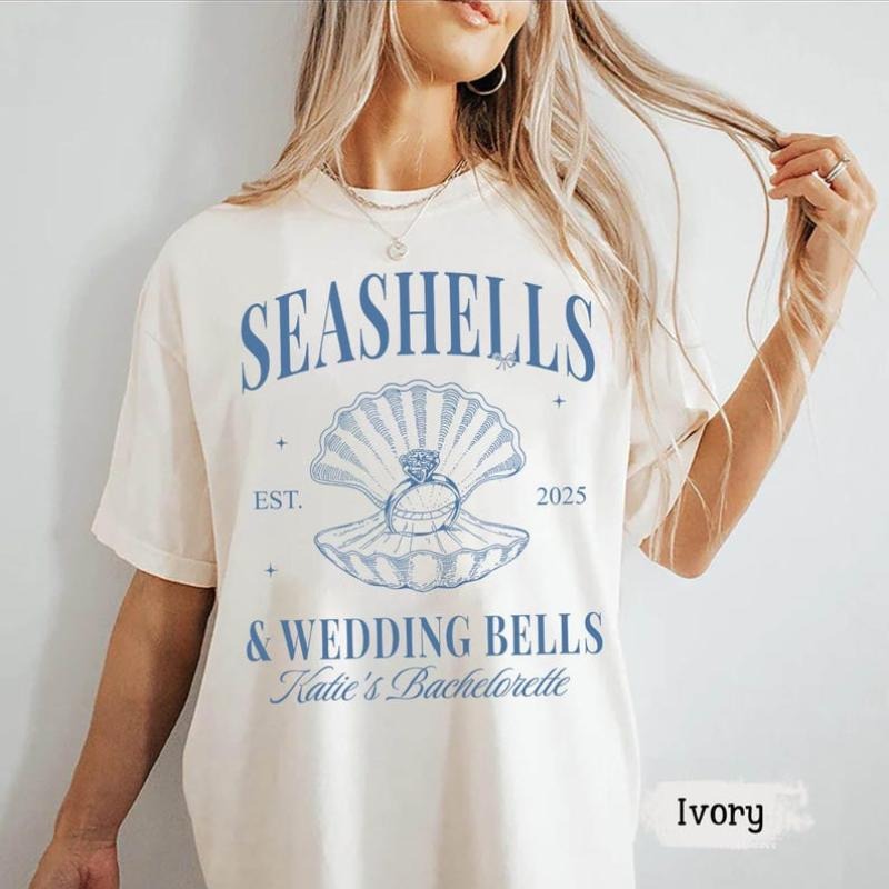 Seashells and Wedding Bells Bachelorette Shirts, Custom Location Bach Shirt, Beach Bachelorette Party Shirts, Coastal...